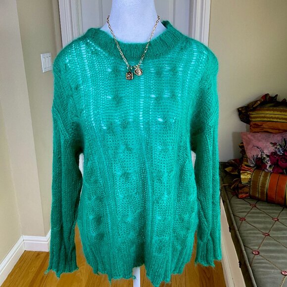 Anthropologie Sweater Wool Green Open Weave Crew Neck Posey Stitchy Italy (S) - Picture 1 of 7